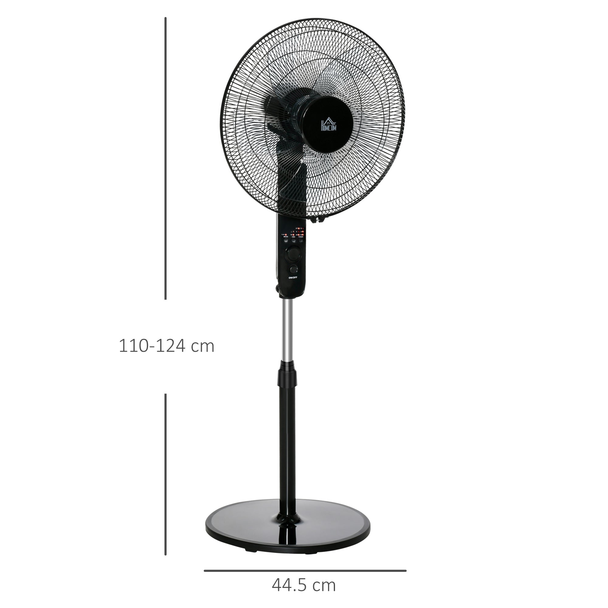 Stand Fan with Remote Control, Floor Fan, Adjustable Height Air Circulator, 3 Speeds, Adjustable Tilt Angle, Metal, Black, Ø44.5 x H110-124 cm