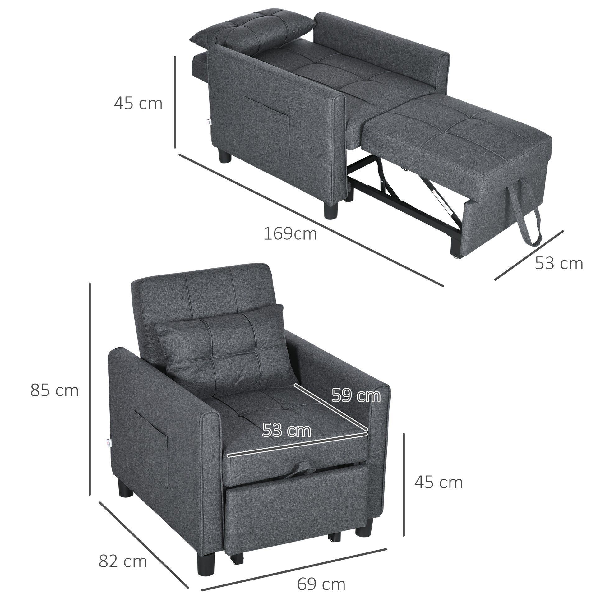 Single Sofa Bed with 3-Level Reclining Backrest, 2 Wheels and Cushion, Single Foldable Sofa Bed for Living Room in Linen Effect Fabric and Wood, 69x82x85cm, Gray