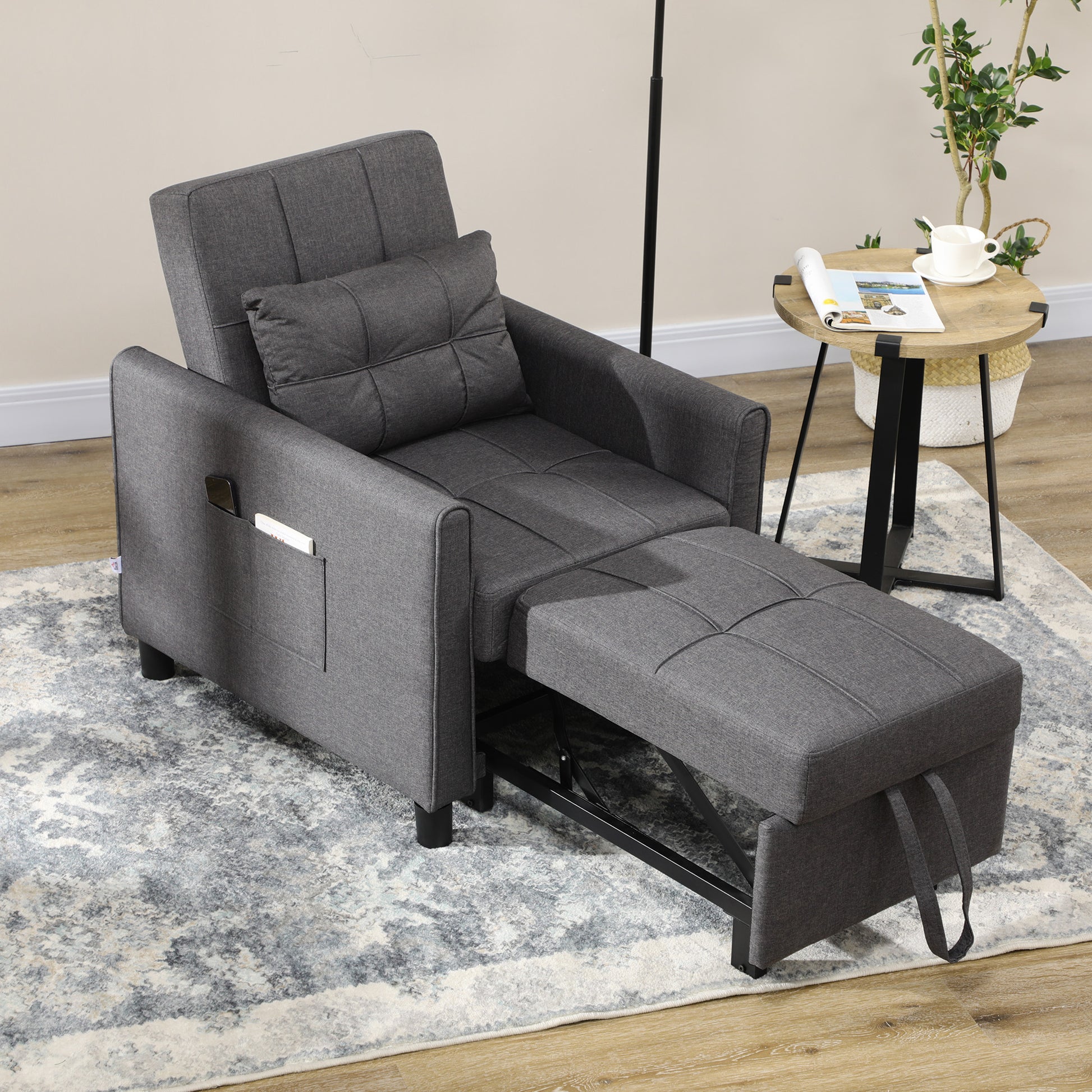 Single Sofa Bed with 3-Level Reclining Backrest, 2 Wheels and Cushion, Single Foldable Sofa Bed for Living Room in Linen Effect Fabric and Wood, 69x82x85cm, Gray