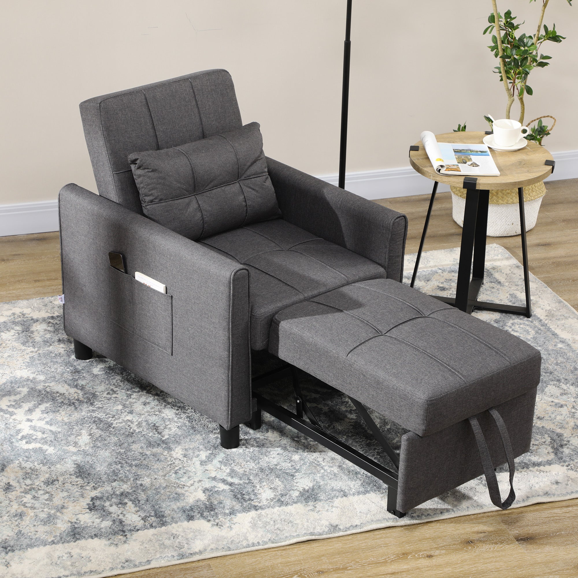 Single Sofa Bed with 3-Level Reclining Backrest, 2 Wheels and Cushion, Single Foldable Sofa Bed for Living Room in Linen Effect Fabric and Wood, 69x82x85cm, Gray