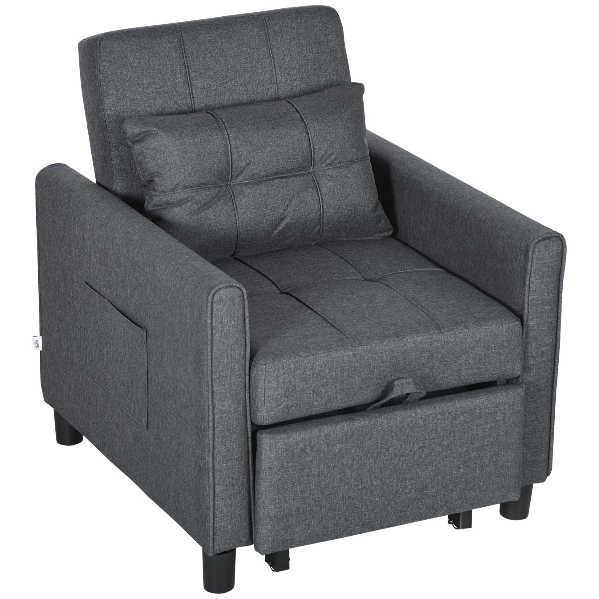 Single Sofa Bed with 3-Level Reclining Backrest, 2 Wheels and Cushion, Single Foldable Sofa Bed for Living Room in Linen Effect Fabric and Wood, 69x82x85cm, Gray