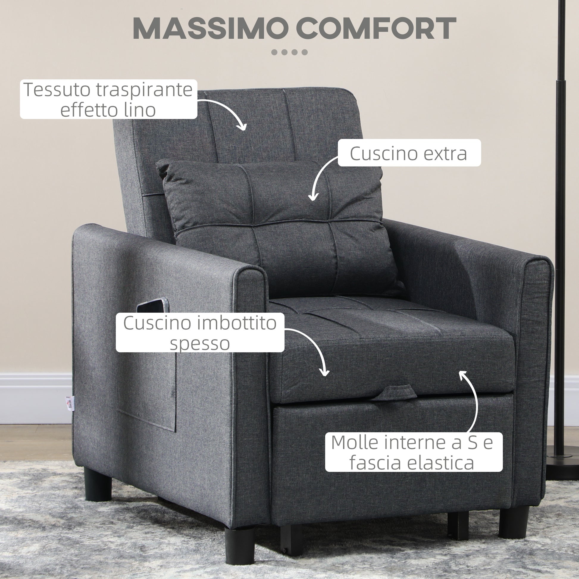 Single Sofa Bed with 3-Level Reclining Backrest, 2 Wheels and Cushion, Single Foldable Sofa Bed for Living Room in Linen Effect Fabric and Wood, 69x82x85cm, Gray