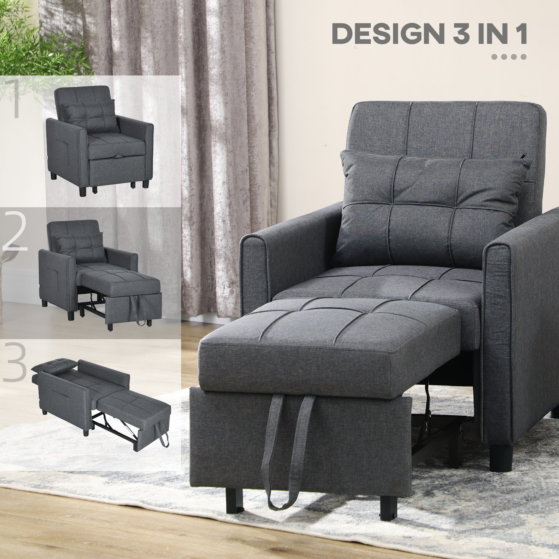 Single Sofa Bed with 3-Level Reclining Backrest, 2 Wheels and Cushion, Single Foldable Sofa Bed for Living Room in Linen Effect Fabric and Wood, 69x82x85cm, Gray