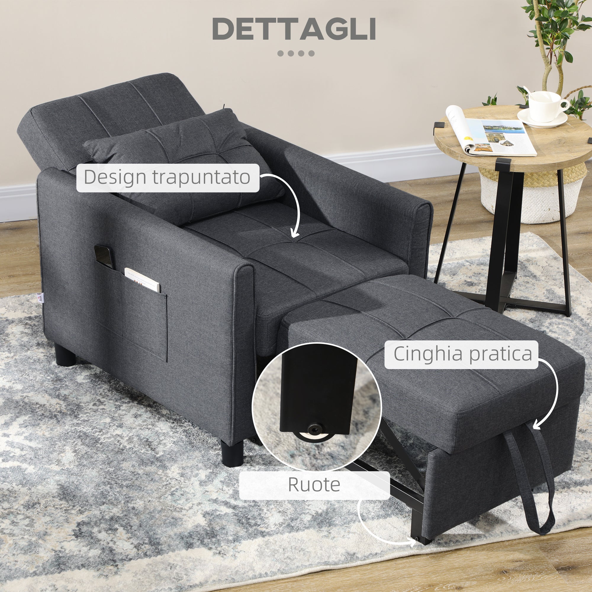 Single Sofa Bed with 3-Level Reclining Backrest, 2 Wheels and Cushion, Single Foldable Sofa Bed for Living Room in Linen Effect Fabric and Wood, 69x82x85cm, Gray
