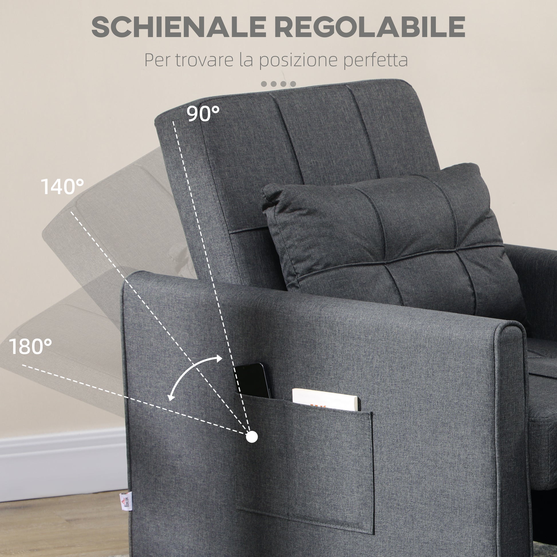 Single Sofa Bed with 3-Level Reclining Backrest, 2 Wheels and Cushion, Single Foldable Sofa Bed for Living Room in Linen Effect Fabric and Wood, 69x82x85cm, Gray