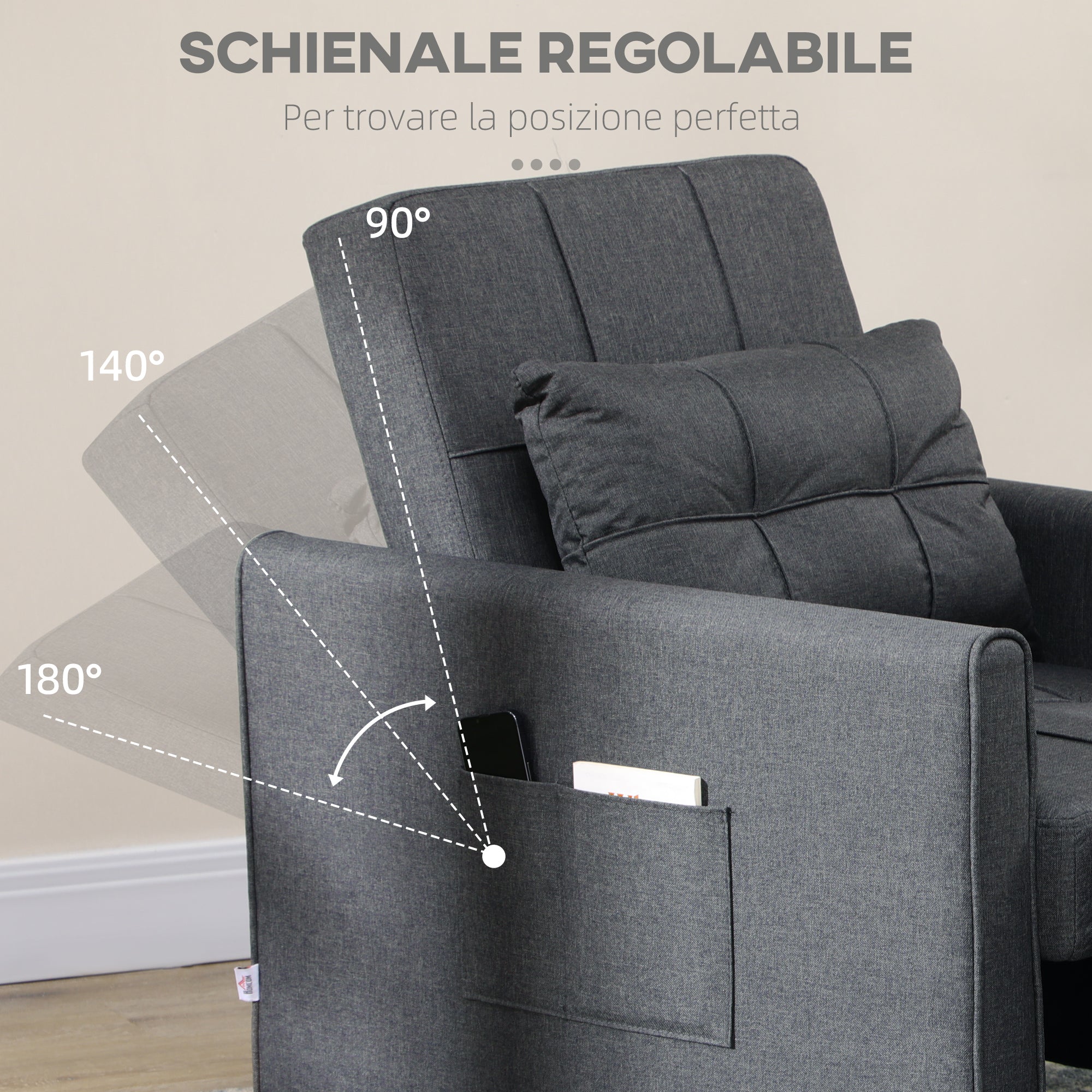 Single Sofa Bed with 3-Level Reclining Backrest, 2 Wheels and Cushion, Single Foldable Sofa Bed for Living Room in Linen Effect Fabric and Wood, 69x82x85cm, Gray