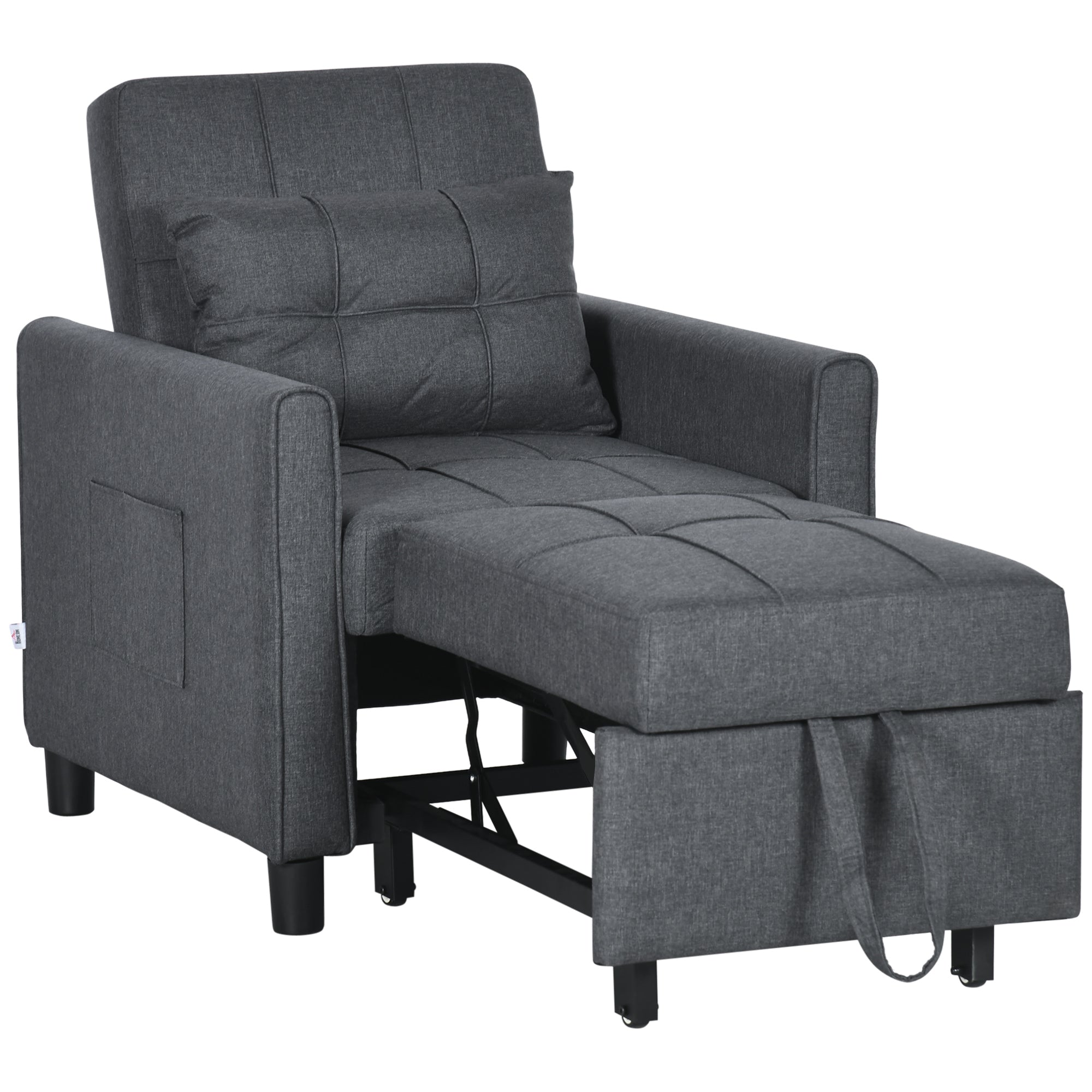 Single Sofa Bed with 3-Level Reclining Backrest, 2 Wheels and Cushion, Single Foldable Sofa Bed for Living Room in Linen Effect Fabric and Wood, 69x82x85cm, Gray