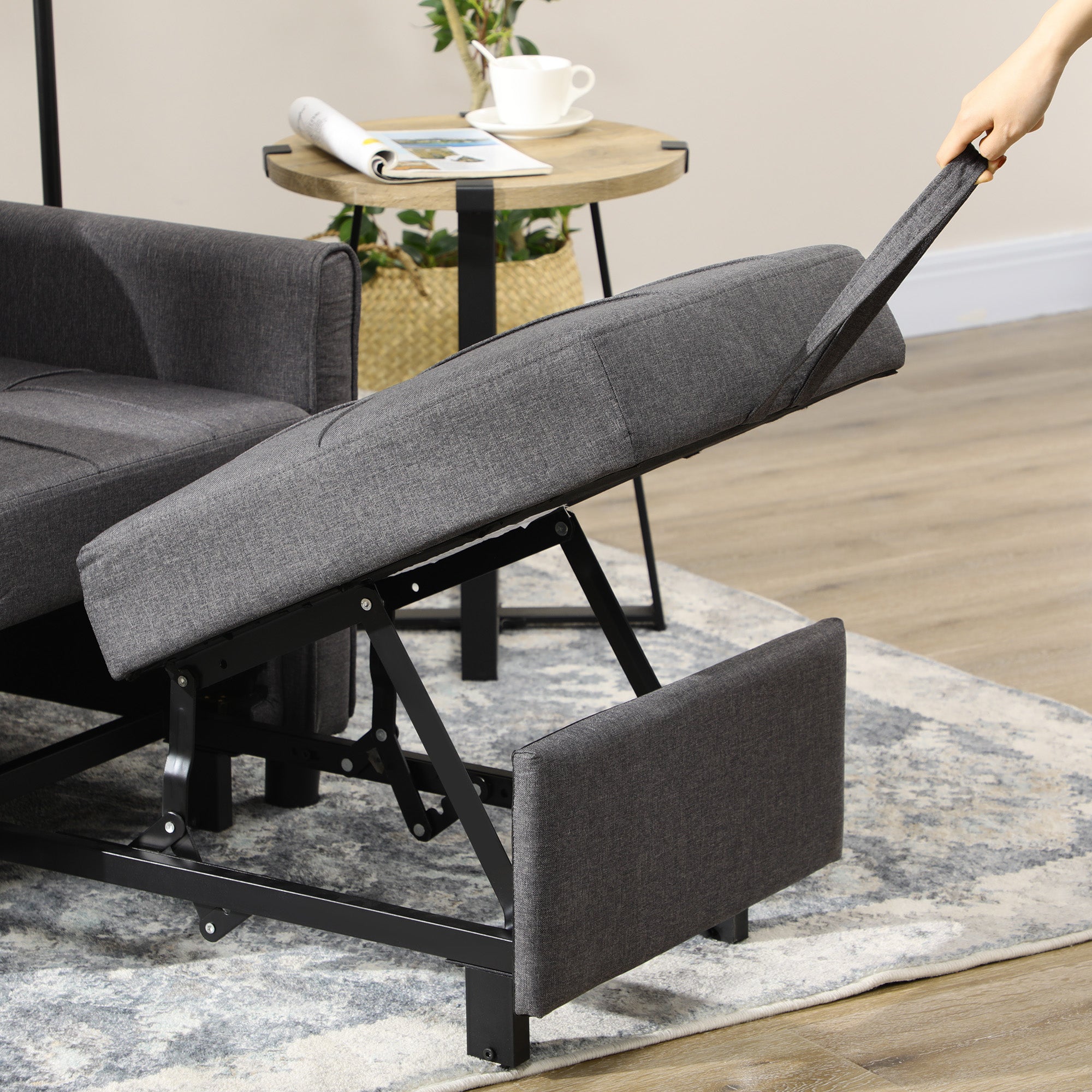 Single Sofa Bed with 3-Level Reclining Backrest, 2 Wheels and Cushion, Single Foldable Sofa Bed for Living Room in Linen Effect Fabric and Wood, 69x82x85cm, Gray