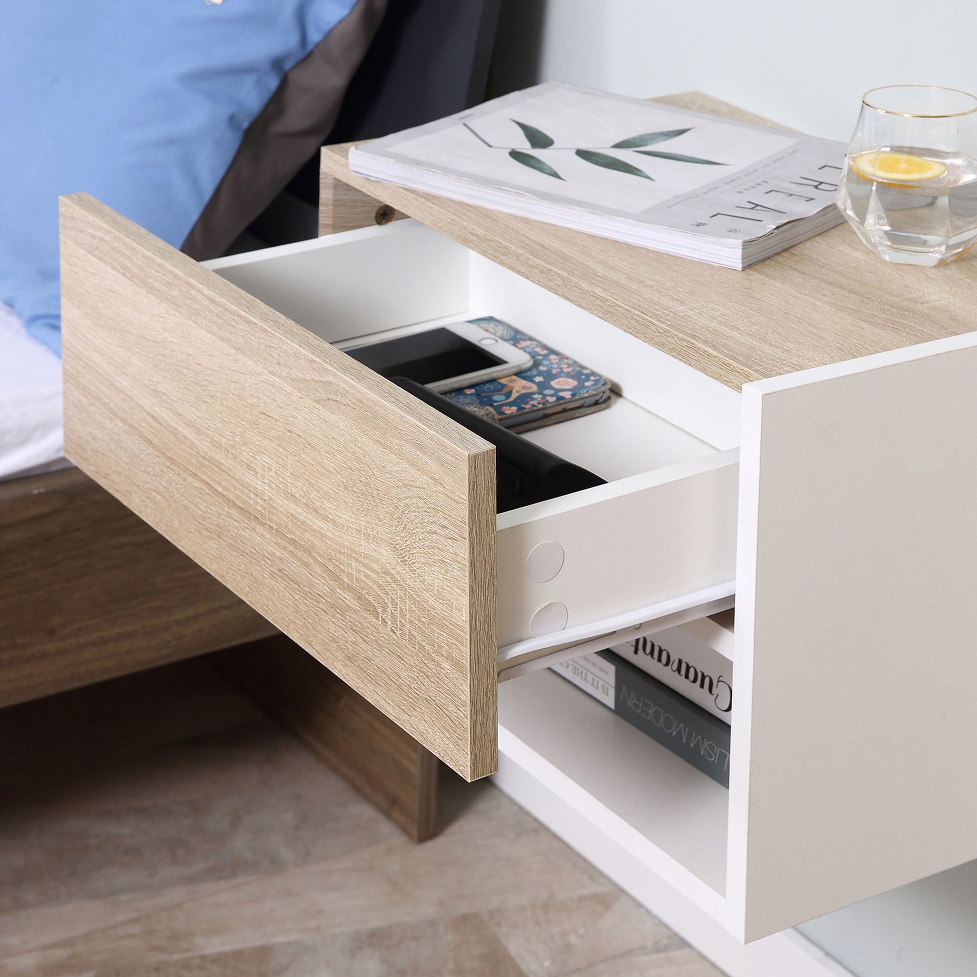 Set of 2 Floating Bedside Tables Hanging Bedside Tables with 1 Drawer and Open Shelf for Bedroom 46x30x30 cm Oak and White