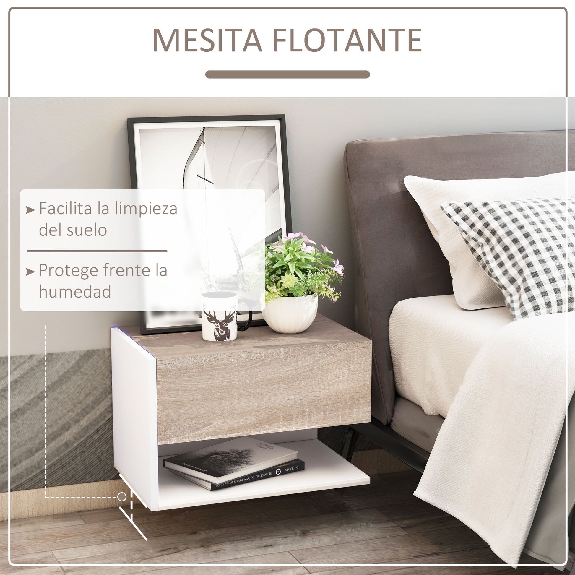 Set of 2 Floating Bedside Tables Hanging Bedside Tables with 1 Drawer and Open Shelf for Bedroom 46x30x30 cm Oak and White