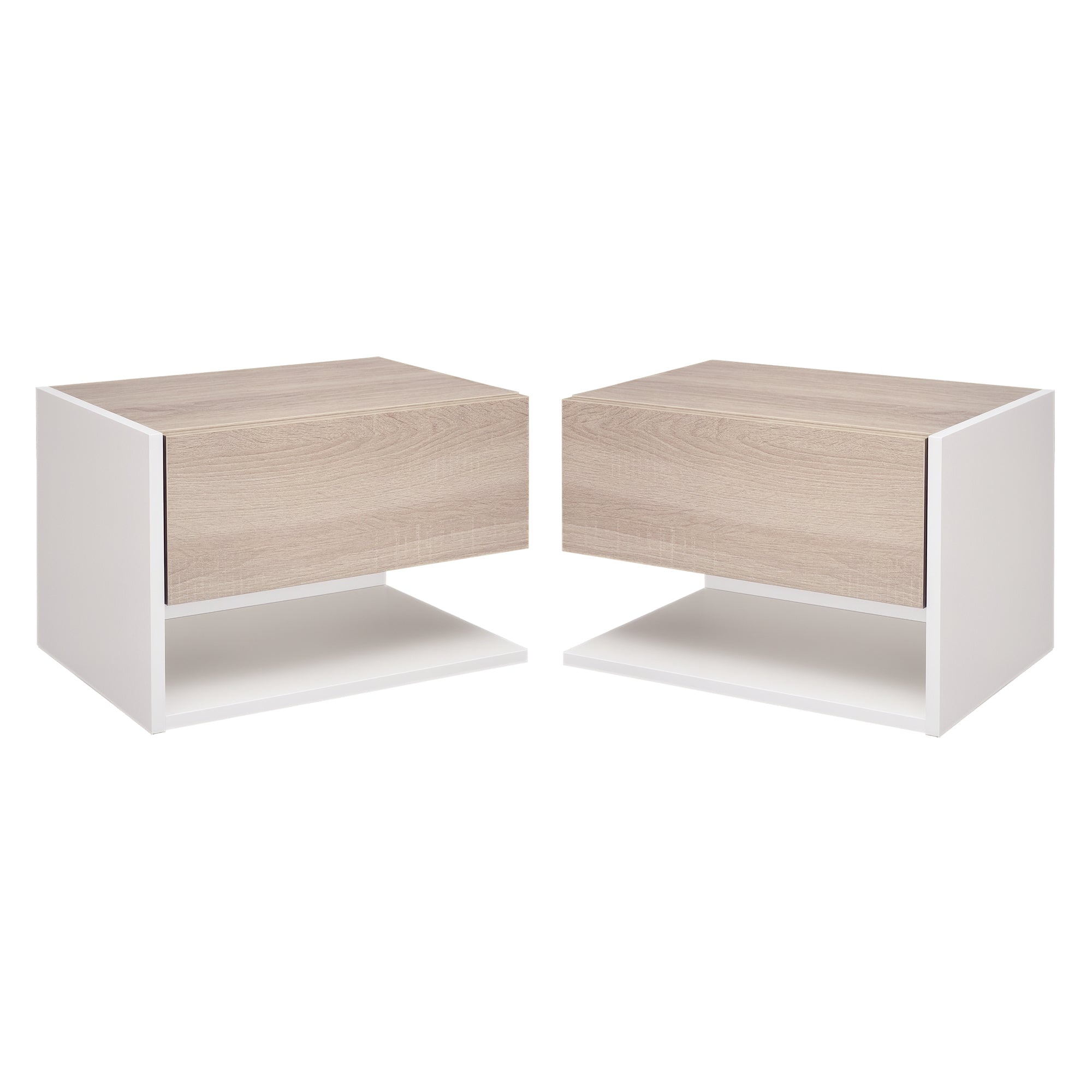 Set of 2 Floating Bedside Tables Hanging Bedside Tables with 1 Drawer and Open Shelf for Bedroom 46x30x30 cm Oak and White
