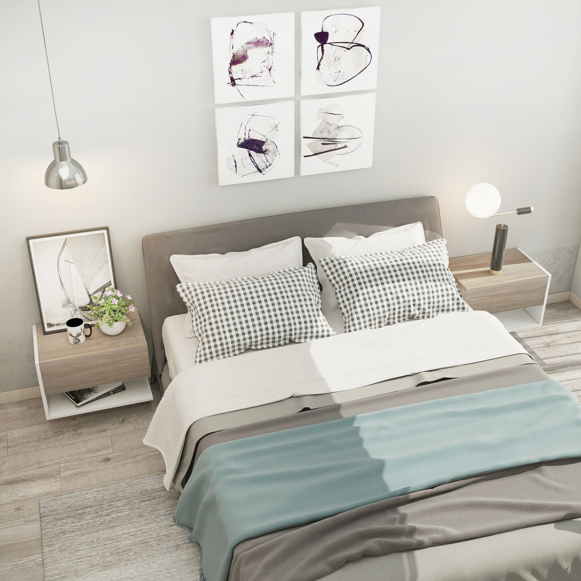 Set of 2 Floating Bedside Tables Hanging Bedside Tables with 1 Drawer and Open Shelf for Bedroom 46x30x30 cm Oak and White