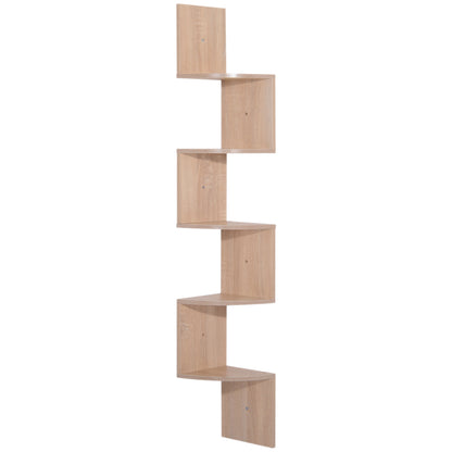 Zigzag Corner Wall Shelf Storage 20L x 20W x 126H cm 5 Levels Light Oak Wood