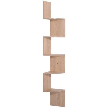 Zigzag Corner Wall Shelf Storage 20L x 20W x 126H cm 5 Levels Light Oak Wood