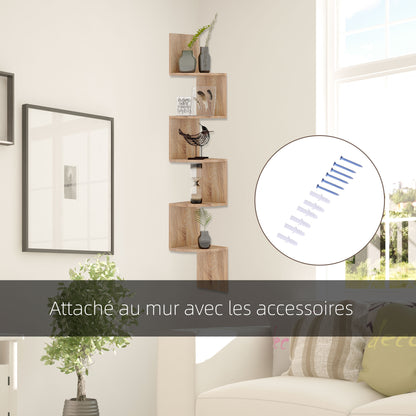 Zigzag Corner Wall Shelf Storage 20L x 20W x 126H cm 5 Levels Light Oak Wood