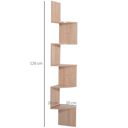 Zigzag Corner Wall Shelf Storage 20L x 20W x 126H cm 5 Levels Light Oak Wood
