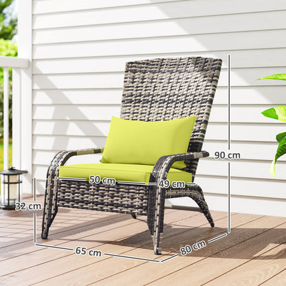 Adirondack Garden Chair with Armrests and Cushions, Rattan and Steel Chair for Indoor and Outdoor, 64x80x90 cm, Green