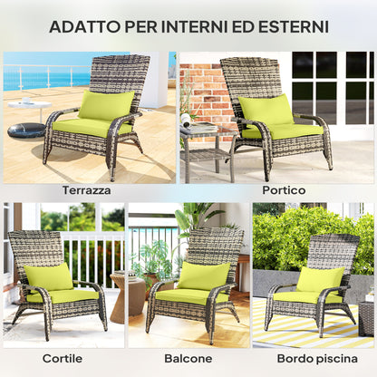 Adirondack Garden Chair with Armrests and Cushions, Rattan and Steel Chair for Indoor and Outdoor, 64x80x90 cm, Green