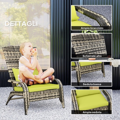 Adirondack Garden Chair with Armrests and Cushions, Rattan and Steel Chair for Indoor and Outdoor, 64x80x90 cm, Green