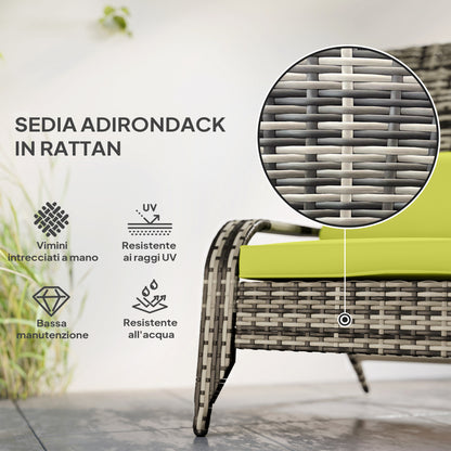 Adirondack Garden Chair with Armrests and Cushions, Rattan and Steel Chair for Indoor and Outdoor, 64x80x90 cm, Green