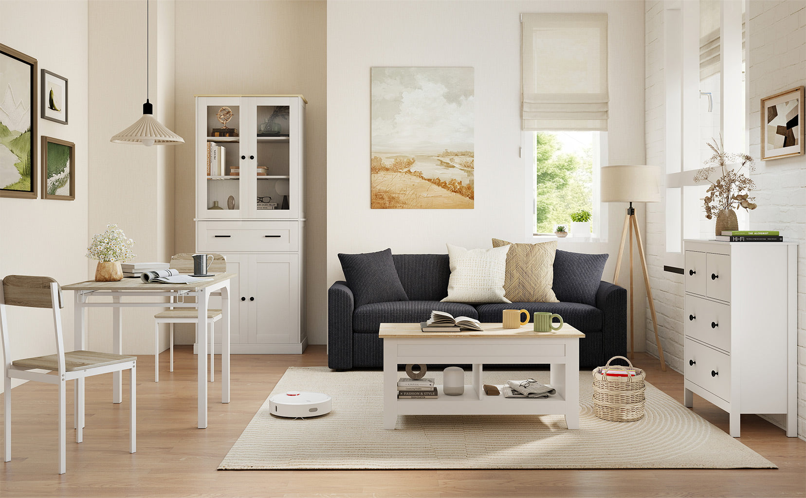 Modern living room with a sofa, coffee table, and dining table.