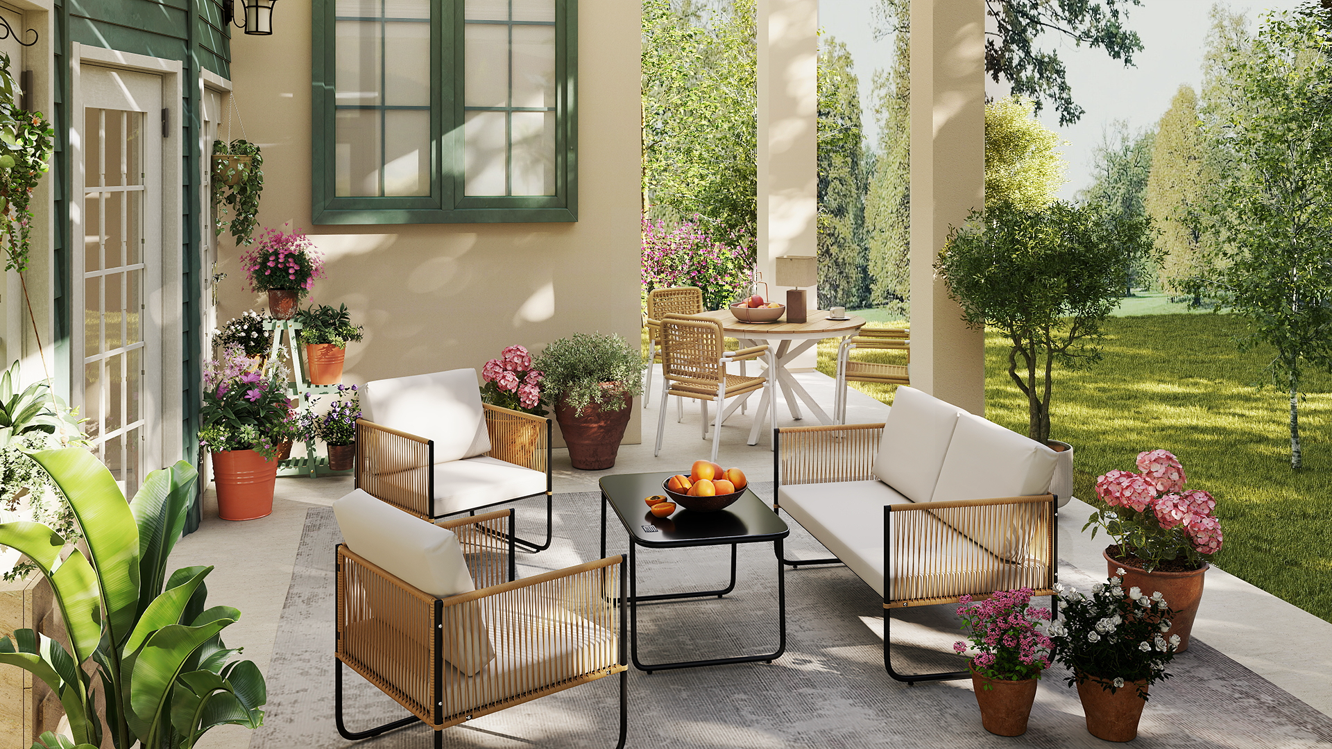 Outdoor patio with furniture, table, and decorative elements on a sunny day.