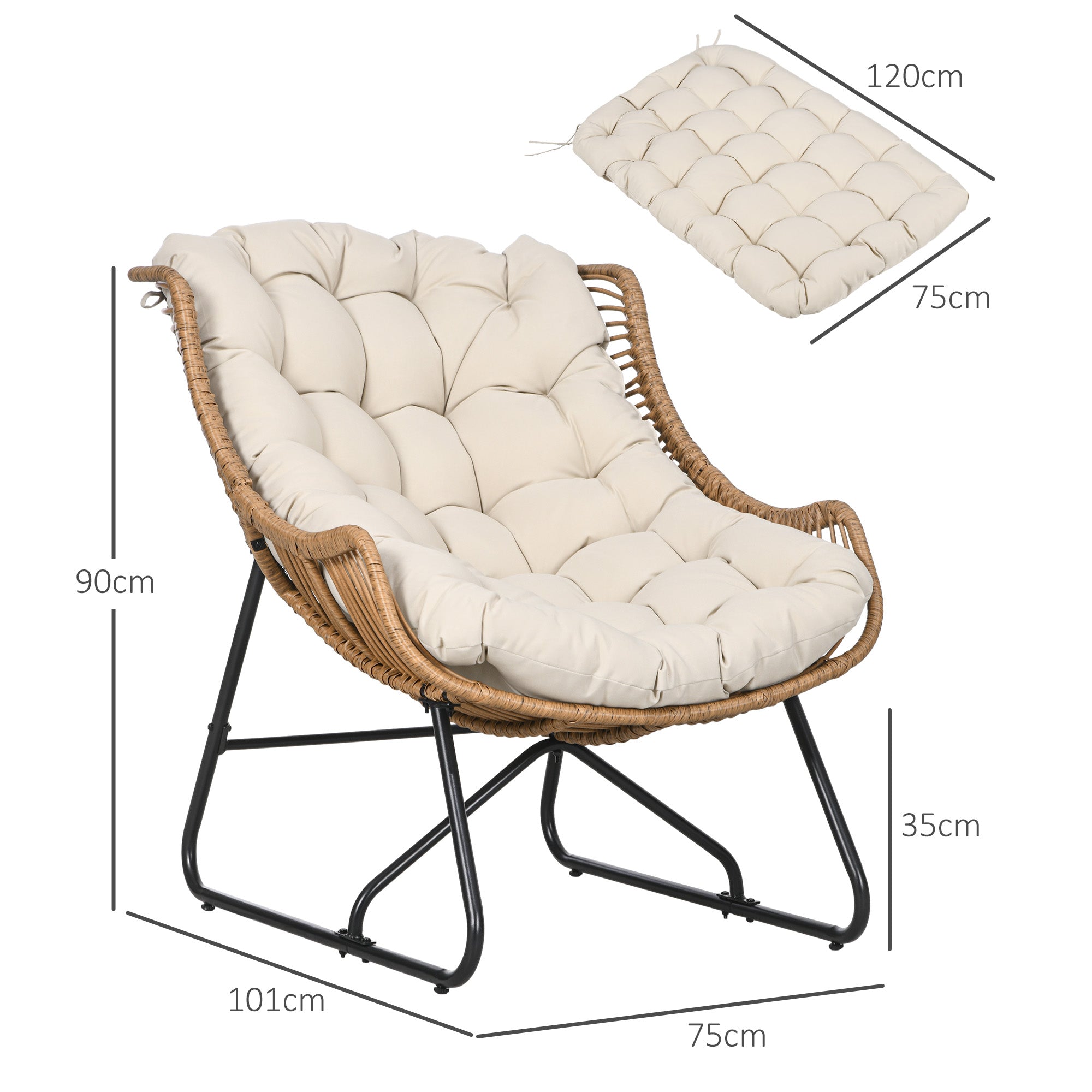 Rattan Chair with Removable Cushion, Padding, Outdoor Poly Rattan Chair, Wicker Chair up to 120kg load capacity, Garden Chairs for Garden Balcony, Porch, Patio Khaki