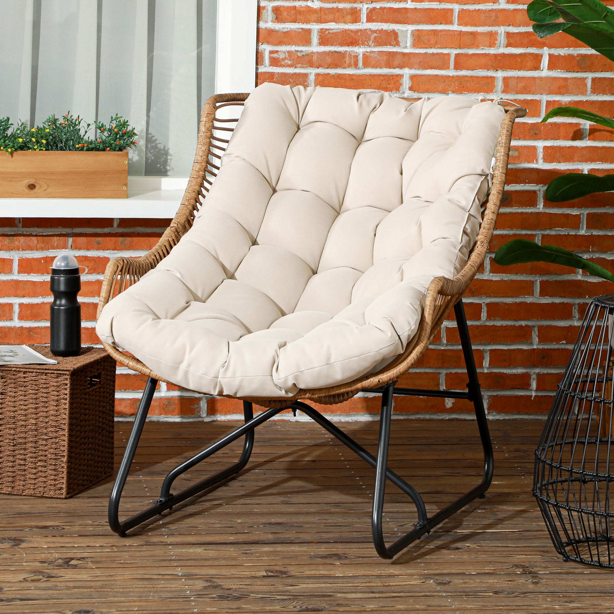 Rattan Chair with Removable Cushion, Padding, Outdoor Poly Rattan Chair, Wicker Chair up to 120kg load capacity, Garden Chairs for Garden Balcony, Porch, Patio Khaki