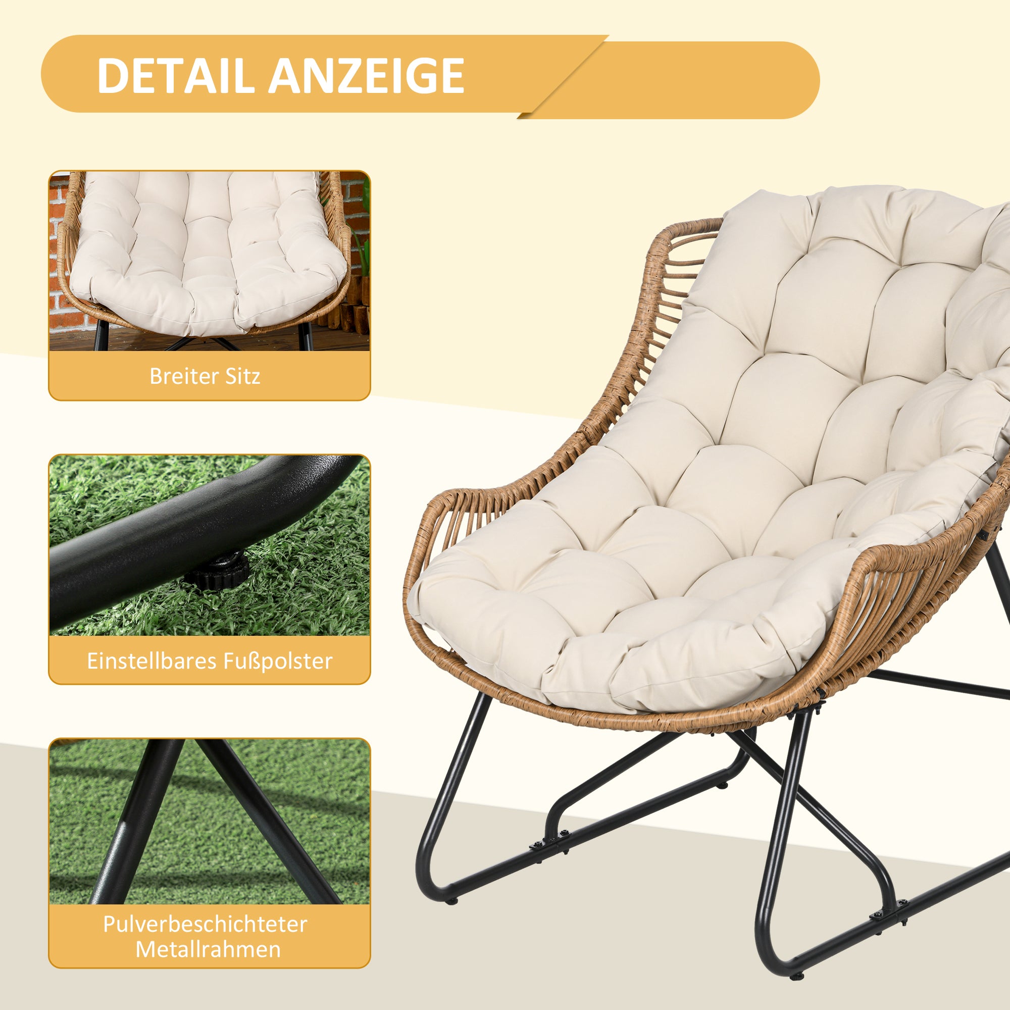 Rattan Chair with Removable Cushion, Padding, Outdoor Poly Rattan Chair, Wicker Chair up to 120kg load capacity, Garden Chairs for Garden Balcony, Porch, Patio Khaki