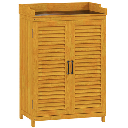 Wooden Garden Cabinet, Tool Shed with Work Area, Weatherproof Tool Cabinet, 65.5x40x98.5cm, Tool House with Louvered Door, Shelves, Tool Cabinet Garden Shed for Garden, Patio, Yellow