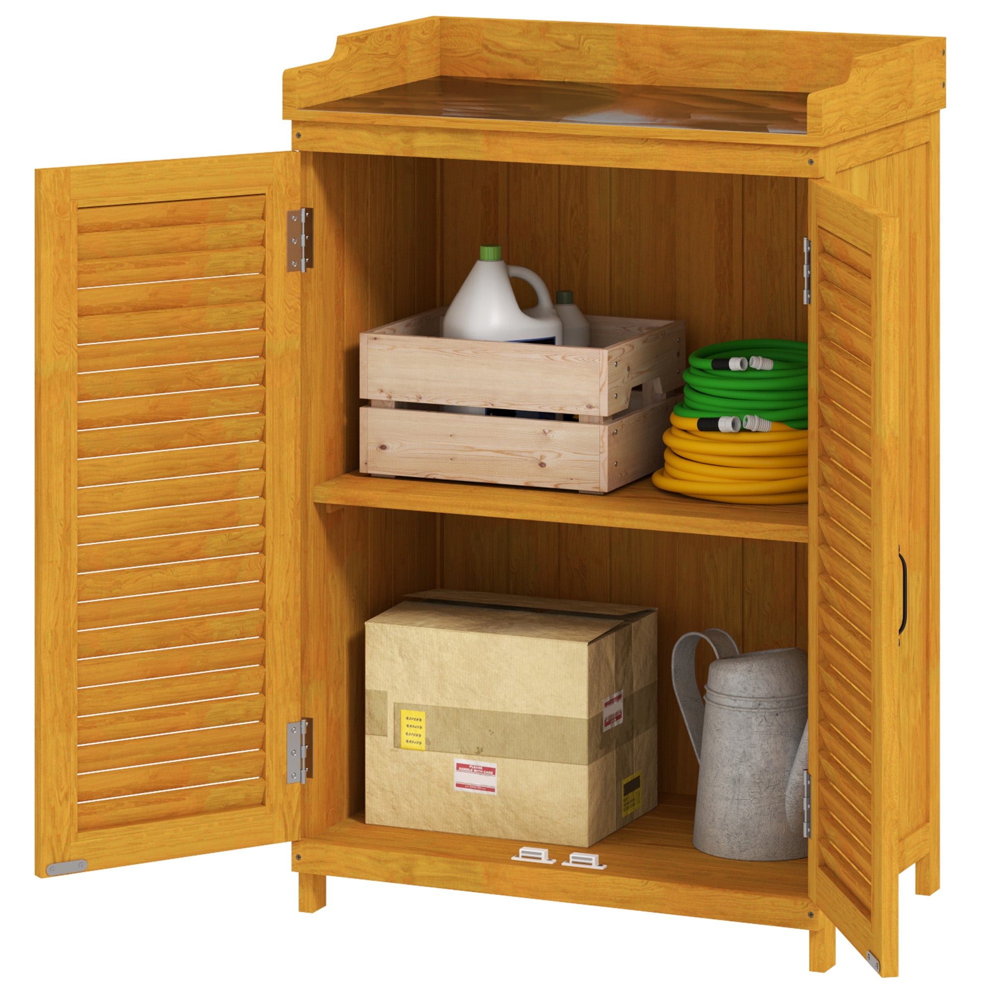 Wooden Garden Cabinet, Tool Shed with Work Area, Weatherproof Tool Cabinet, 65.5x40x98.5cm, Tool House with Louvered Door, Shelves, Tool Cabinet Garden Shed for Garden, Patio, Yellow