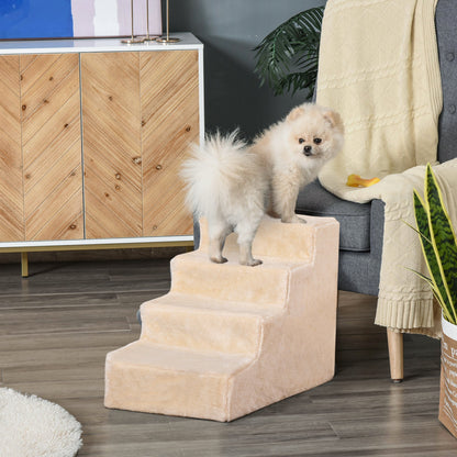 Dog Stairs 4-Step, 35 cm Cat Stairs for Bed and Sofa, Pet Stairs for Dogs and Cats up to 5 kg, Plush Look, Beige