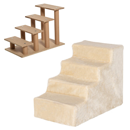 Dog Stairs 4-Step, 35 cm Cat Stairs for Bed and Sofa, Pet Stairs for Dogs and Cats up to 5 kg, Plush Look, Beige