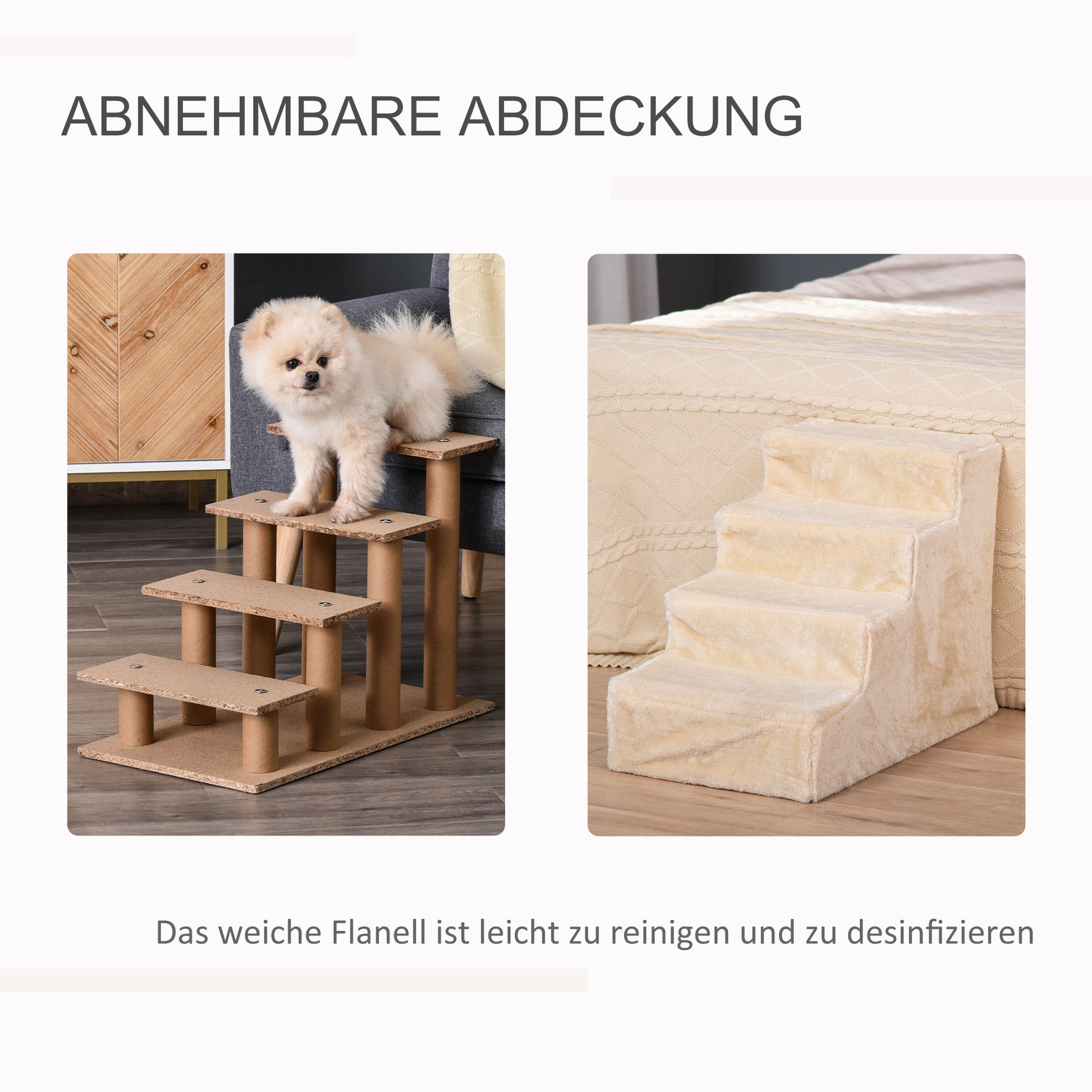 Dog Stairs 4-Step, 35 cm Cat Stairs for Bed and Sofa, Pet Stairs for Dogs and Cats up to 5 kg, Plush Look, Beige