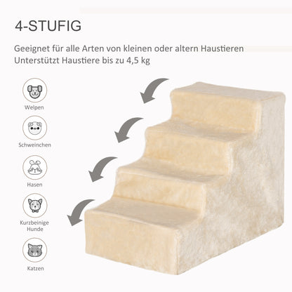 Dog Stairs 4-Step, 35 cm Cat Stairs for Bed and Sofa, Pet Stairs for Dogs and Cats up to 5 kg, Plush Look, Beige