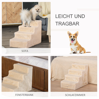 Dog Stairs 4-Step, 35 cm Cat Stairs for Bed and Sofa, Pet Stairs for Dogs and Cats up to 5 kg, Plush Look, Beige