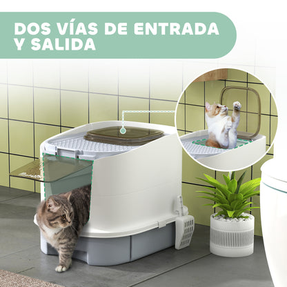 Covered Cat Litter Box Enclosed Cat Litter Box with Front Entry Top Exit Removable Lid Sliding Tray and Shovel 40.5x52.5x42.5 cm White and Gray