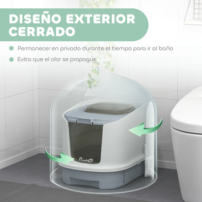 Covered Cat Litter Box Enclosed Cat Litter Box with Front Entry Top Exit Removable Lid Sliding Tray and Shovel 40.5x52.5x42.5 cm White and Gray