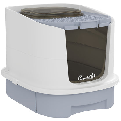 Covered Cat Litter Box Enclosed Cat Litter Box with Front Entry Top Exit Removable Lid Sliding Tray and Shovel 40.5x52.5x42.5 cm White and Gray