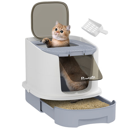 Covered Cat Litter Box Enclosed Cat Litter Box with Front Entry Top Exit Removable Lid Sliding Tray and Shovel 40.5x52.5x42.5 cm White and Gray