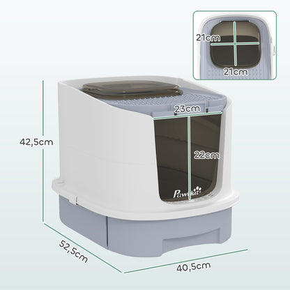 Covered Cat Litter Box Enclosed Cat Litter Box with Front Entry Top Exit Removable Lid Sliding Tray and Shovel 40.5x52.5x42.5 cm White and Gray