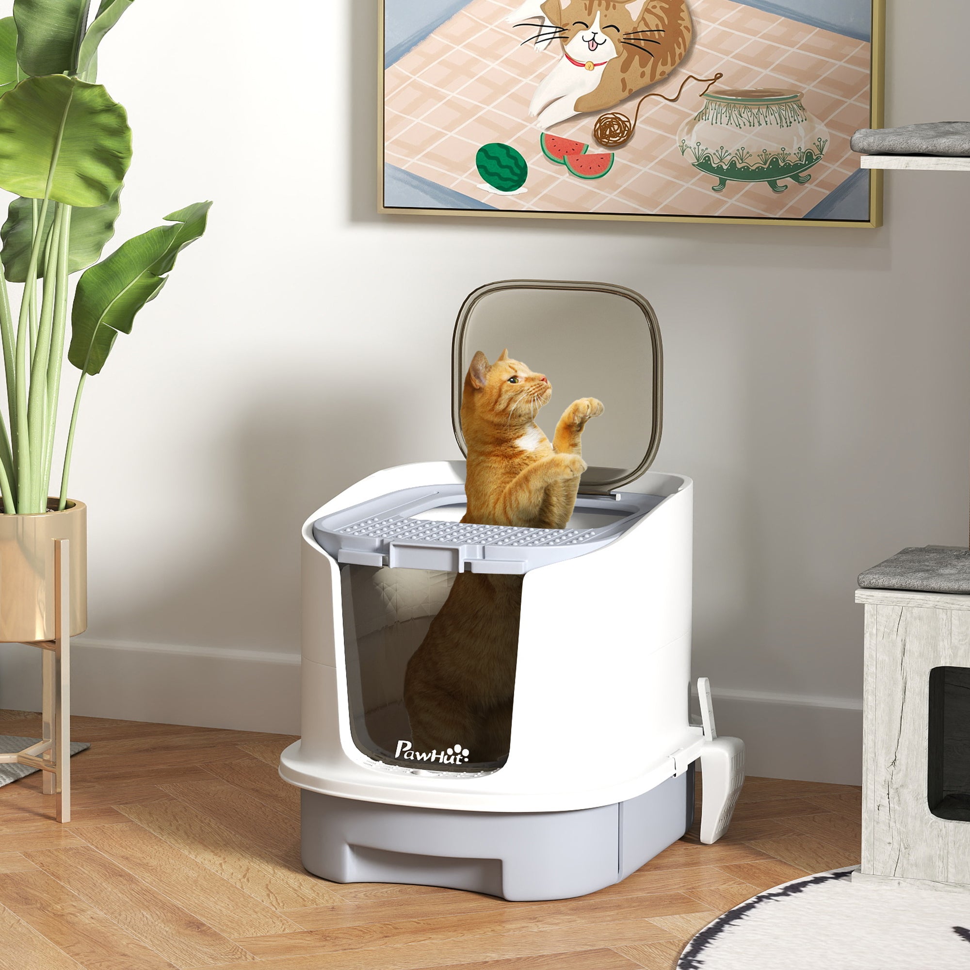 Covered Cat Litter Box Enclosed Cat Litter Box with Front Entry Top Exit Removable Lid Sliding Tray and Shovel 40.5x52.5x42.5 cm White and Gray
