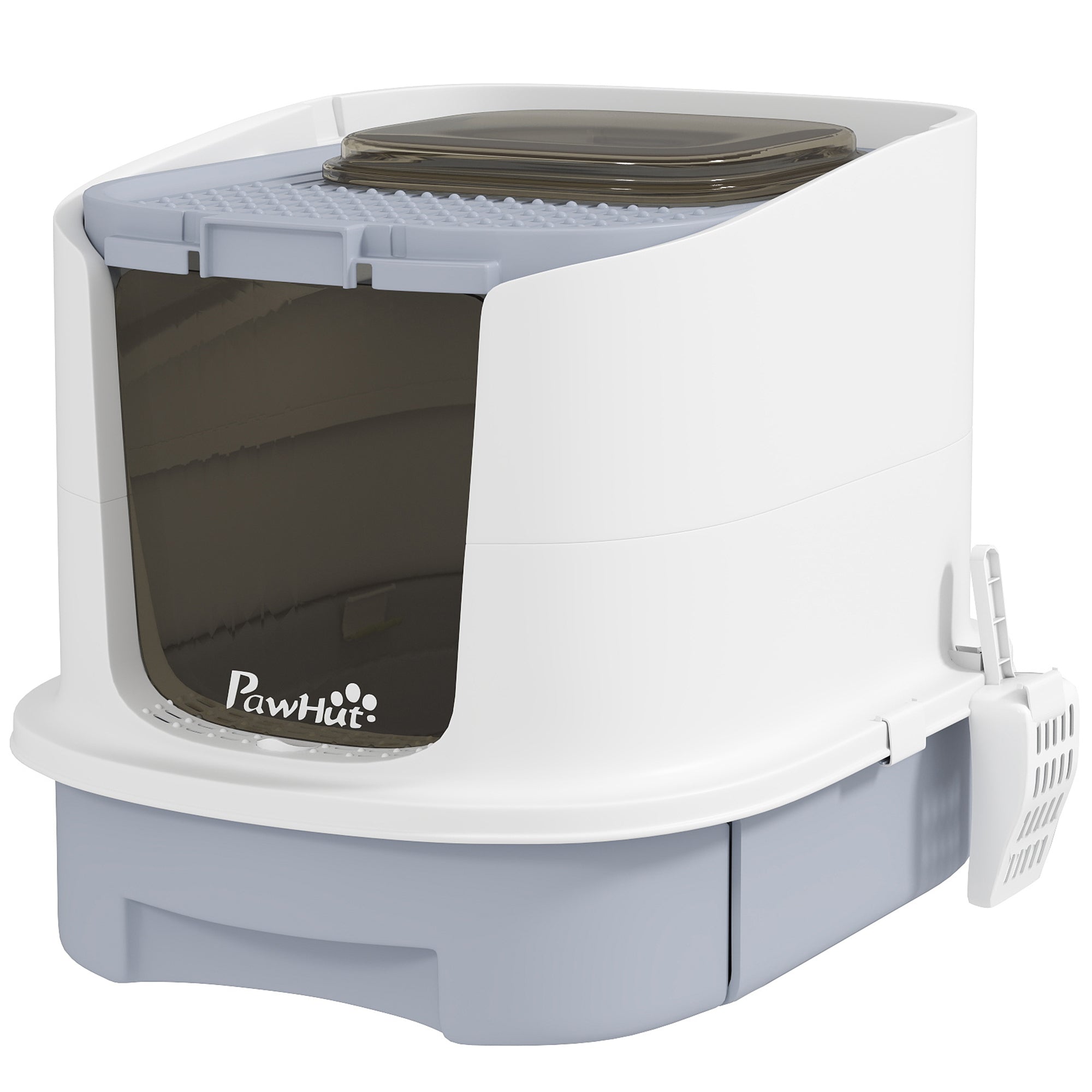 Covered Cat Litter Box Enclosed Cat Litter Box with Front Entry Top Exit Removable Lid Sliding Tray and Shovel 40.5x52.5x42.5 cm White and Gray