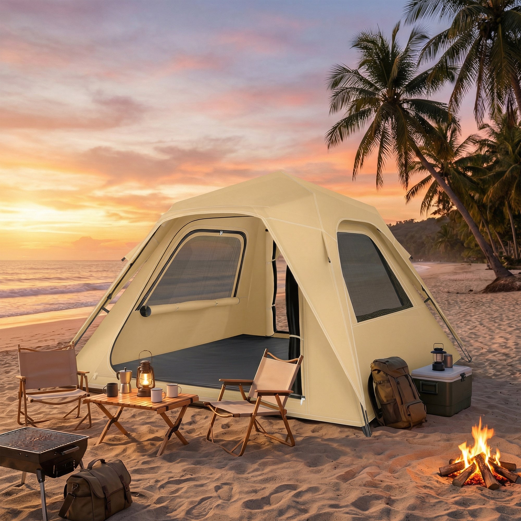 Instant Pop-Up Tent with Mesh Windows & Carry Bag, 3000 mm Waterproof, UPF50+ – 3–4 Person, Khaki