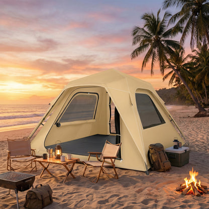 Instant Pop-Up Tent with Mesh Windows & Carry Bag, 3000 mm Waterproof, UPF50+ – 3–4 Person, Khaki
