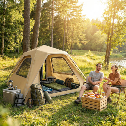Instant Pop-Up Tent with Mesh Windows & Carry Bag, 3000 mm Waterproof, UPF50+ – 3–4 Person, Khaki