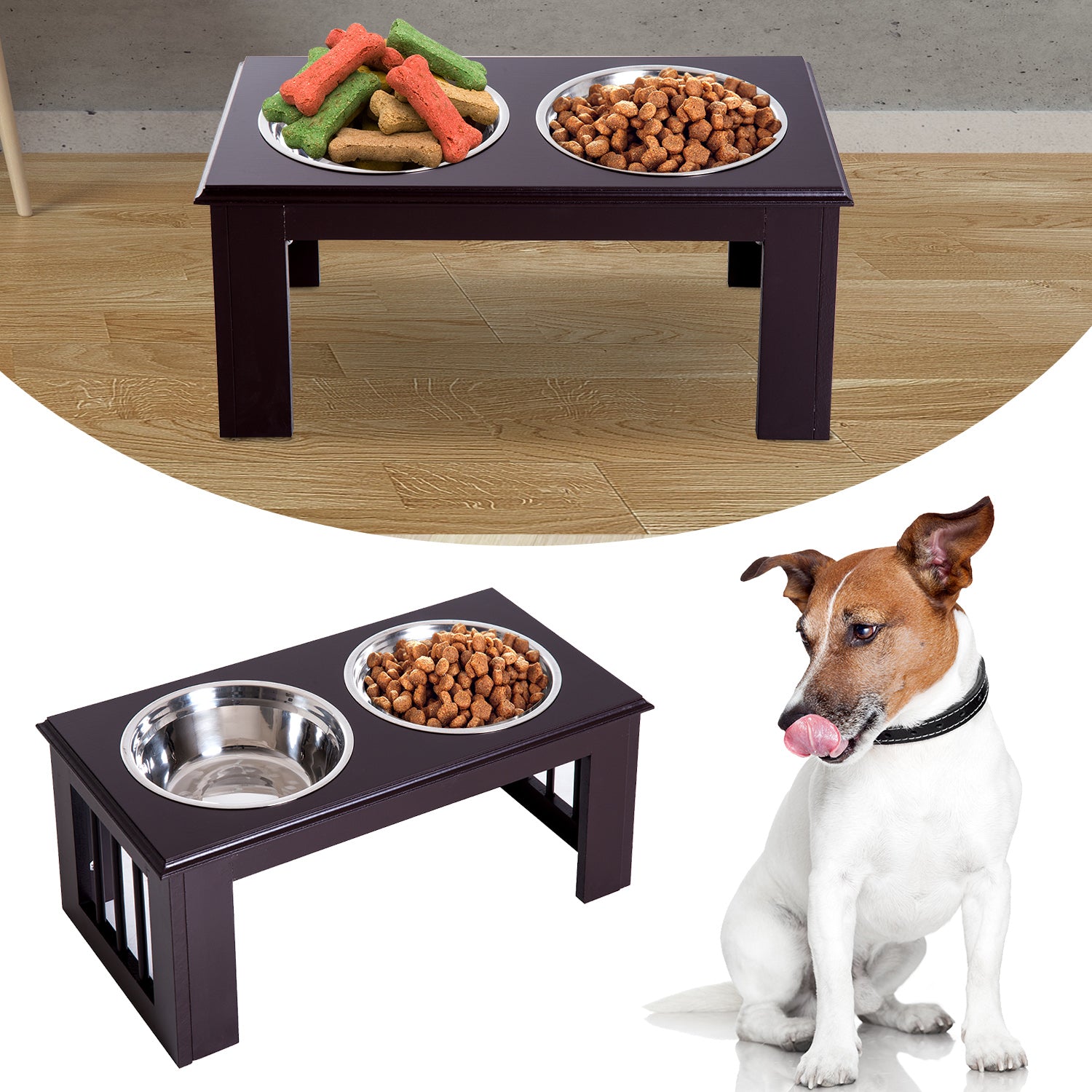Raised Dog Bowl Feeder with 2 Bowls Water Bowl 2 x 2000ml Stainless Steel Bowls Feeding Station Dog Bowls for Medium Dogs Cats Espresso