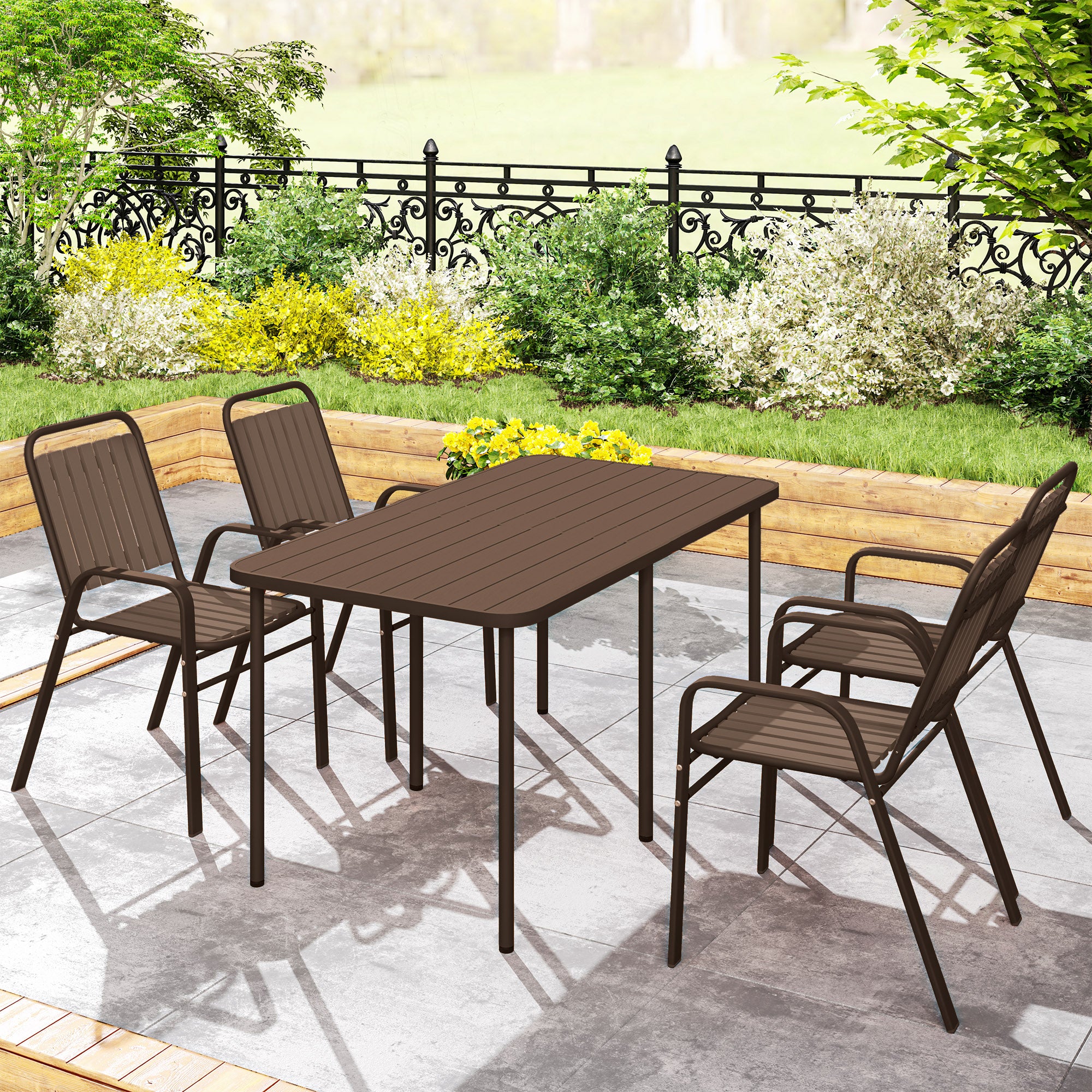 Set of 4 Stackable Garden Chairs with High Backrest and Armrests, Outdoor Chairs in PP Plastic and Steel, for Patio, Balcony, Terrace, Outdoor and Indoor, 56x66x91 cm, Dark Brown