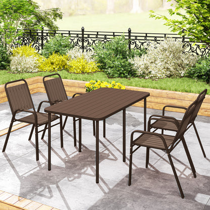 Set of 4 Stackable Garden Chairs with High Backrest and Armrests, Outdoor Chairs in PP Plastic and Steel, for Patio, Balcony, Terrace, Outdoor and Indoor, 56x66x91 cm, Dark Brown