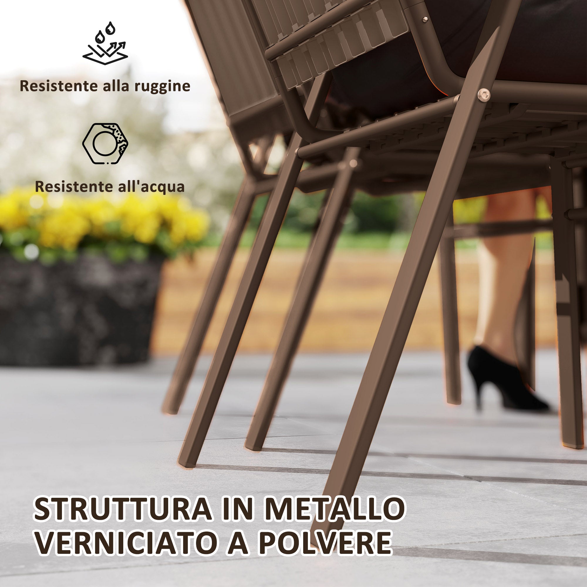Set of 4 Stackable Garden Chairs with High Backrest and Armrests, Outdoor Chairs in PP Plastic and Steel, for Patio, Balcony, Terrace, Outdoor and Indoor, 56x66x91 cm, Dark Brown